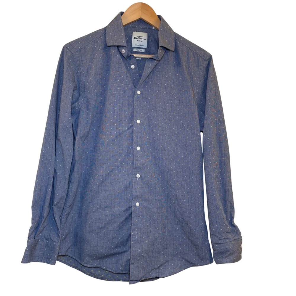 Ben‎ Sherman Tailored Slim Fit Stretch Shirt Blue Gingham Micro Dot Men 15 32 33